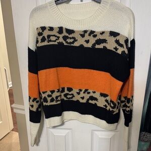 Leopard Print Striped Sweater - Black, Orange, Cream